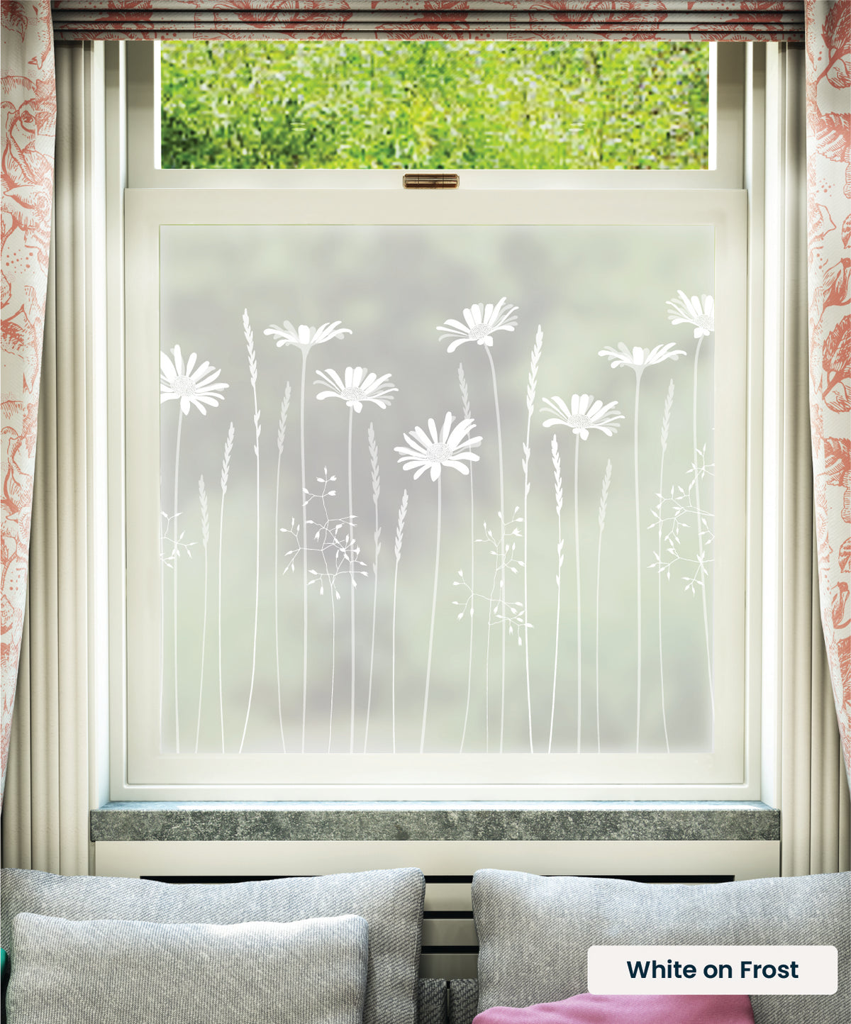Tall Daisies flower pattern by Hannah Nunn in white print on frosted window film.