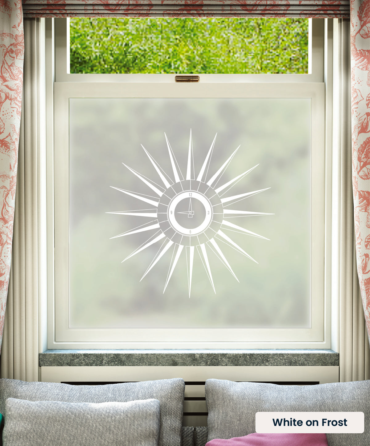 Tick Tock mid century clock pattern by Mini Moderns in white print on frosted window film.