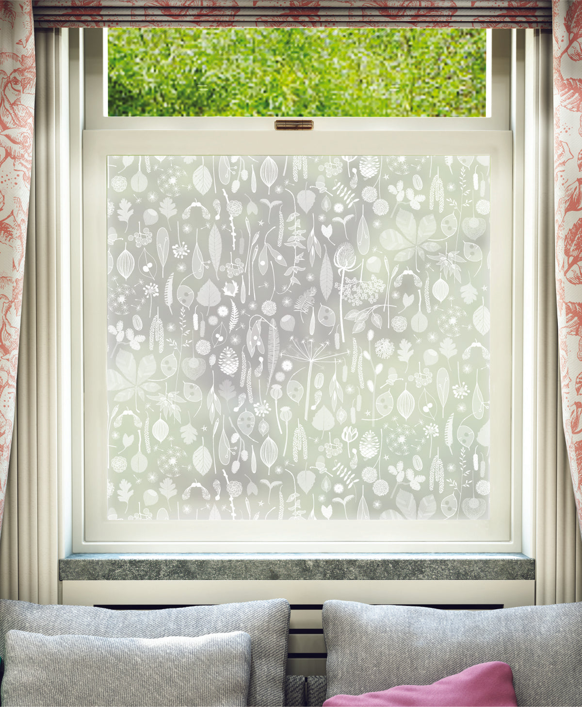 Tiny Treasures small leaves and flowers pattern by Hannah Nunn in white print on frosted window film.