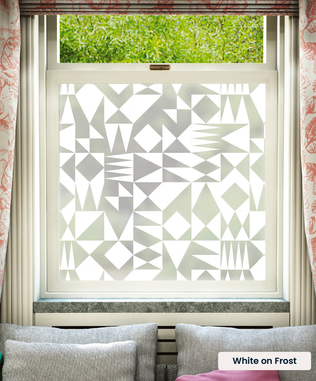 Triangulate geometric abstract pattern by Kate Farley in white print on frosted window film.