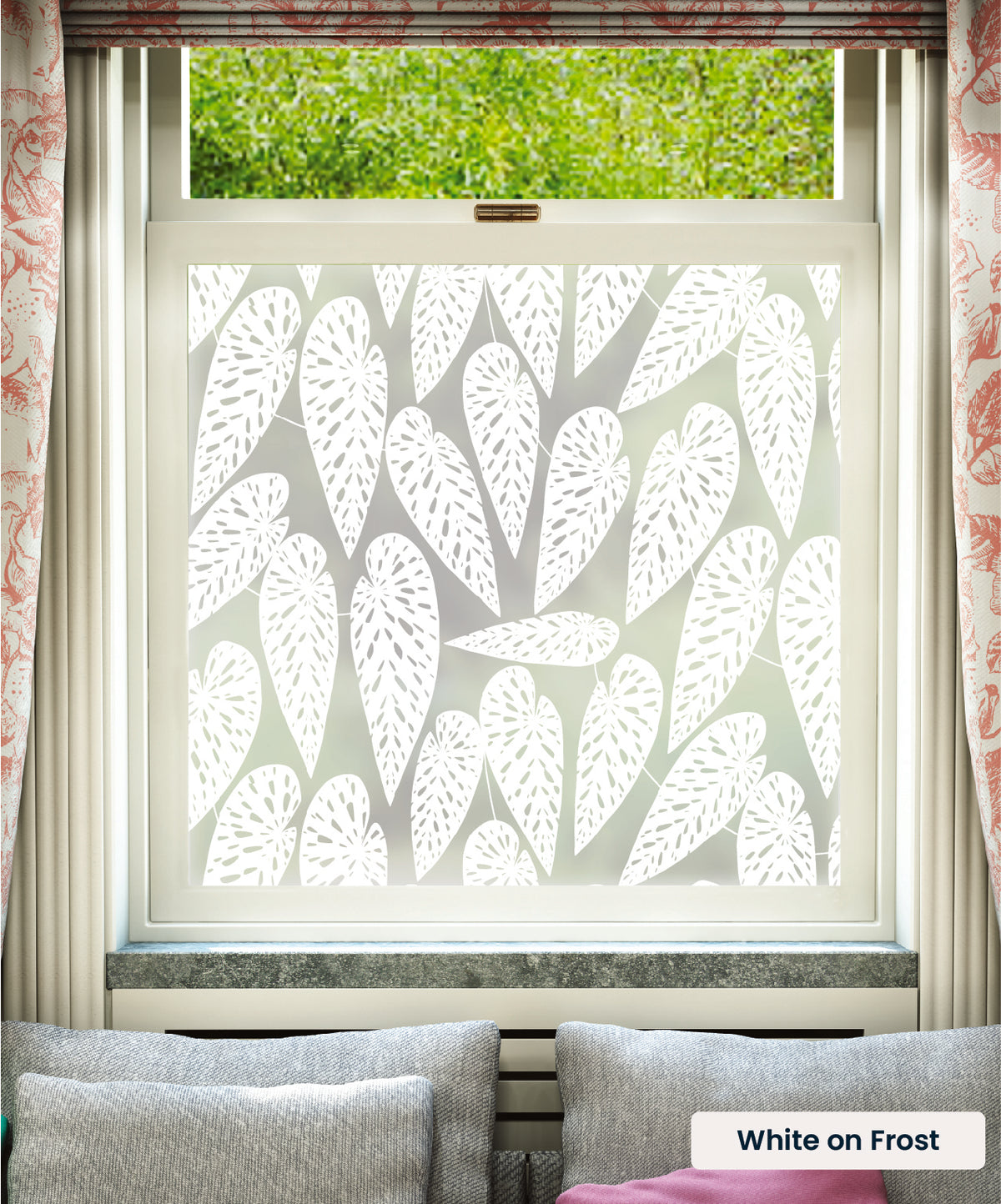 Tropics pattern by MissPrint in white print on frosted window film.