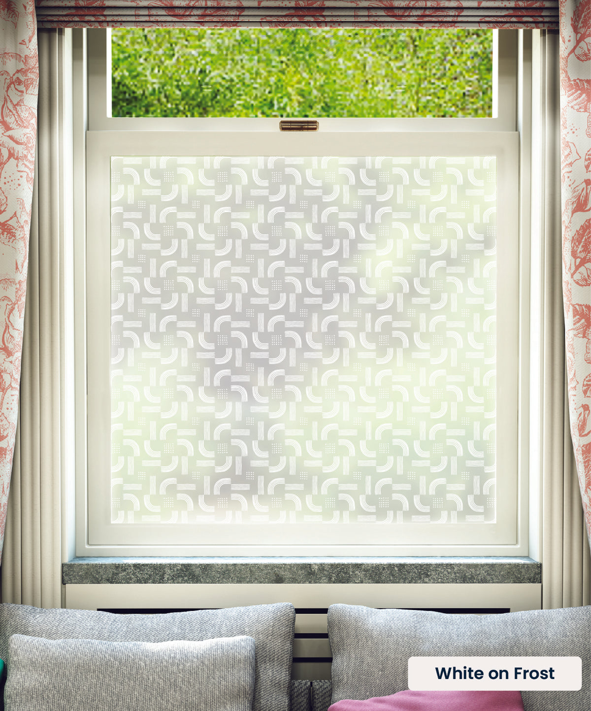 Twist geometric abstract pattern by Kate Farley in white print on frosted window film.