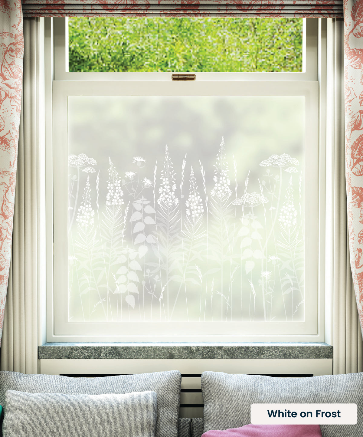 Wild Edge wild flowers pattern by Hannah Nunn in white print on frosted window film.