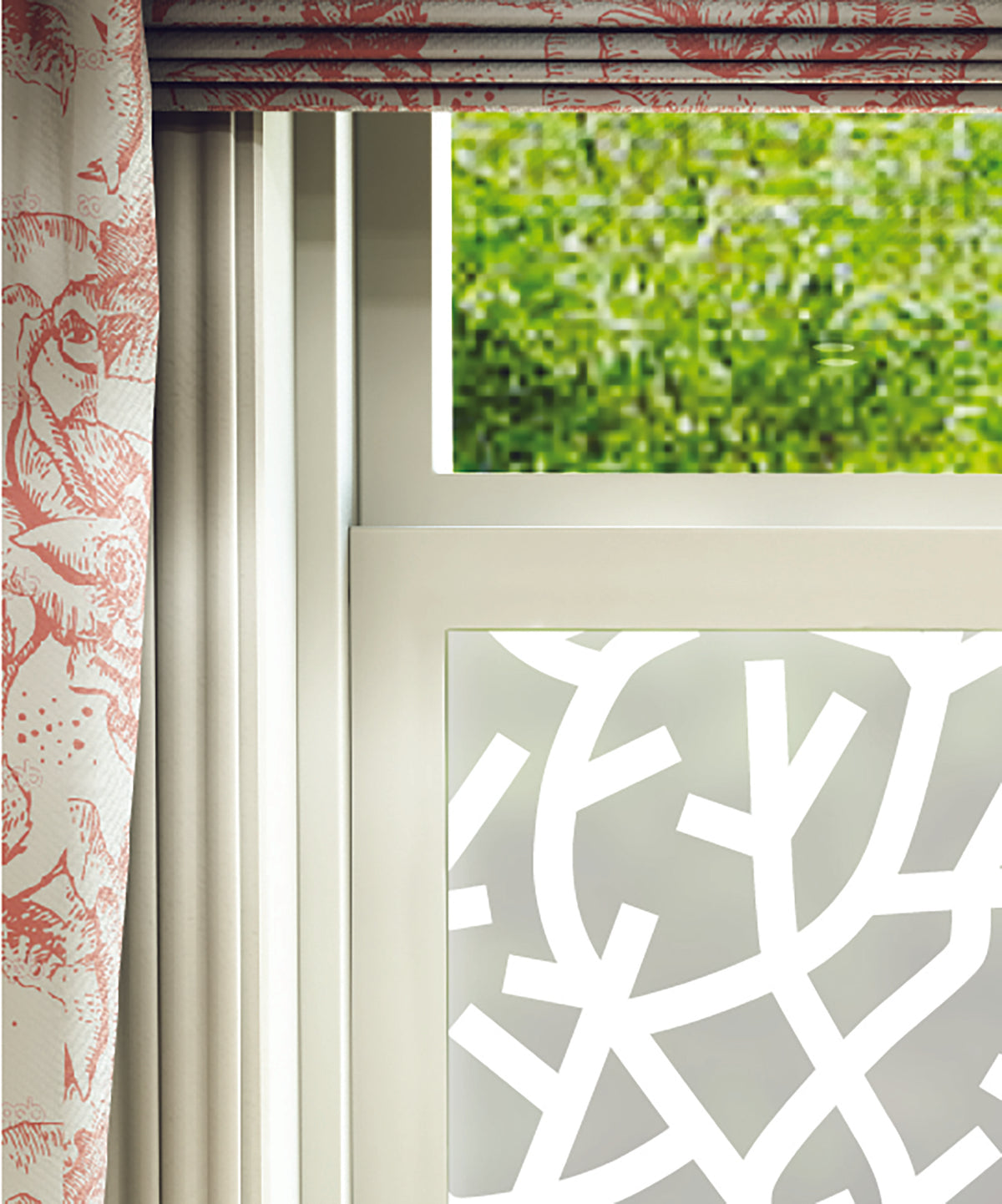 Close-up of A Forest tree branches frosted window film pattern by designer Mini Moderns.