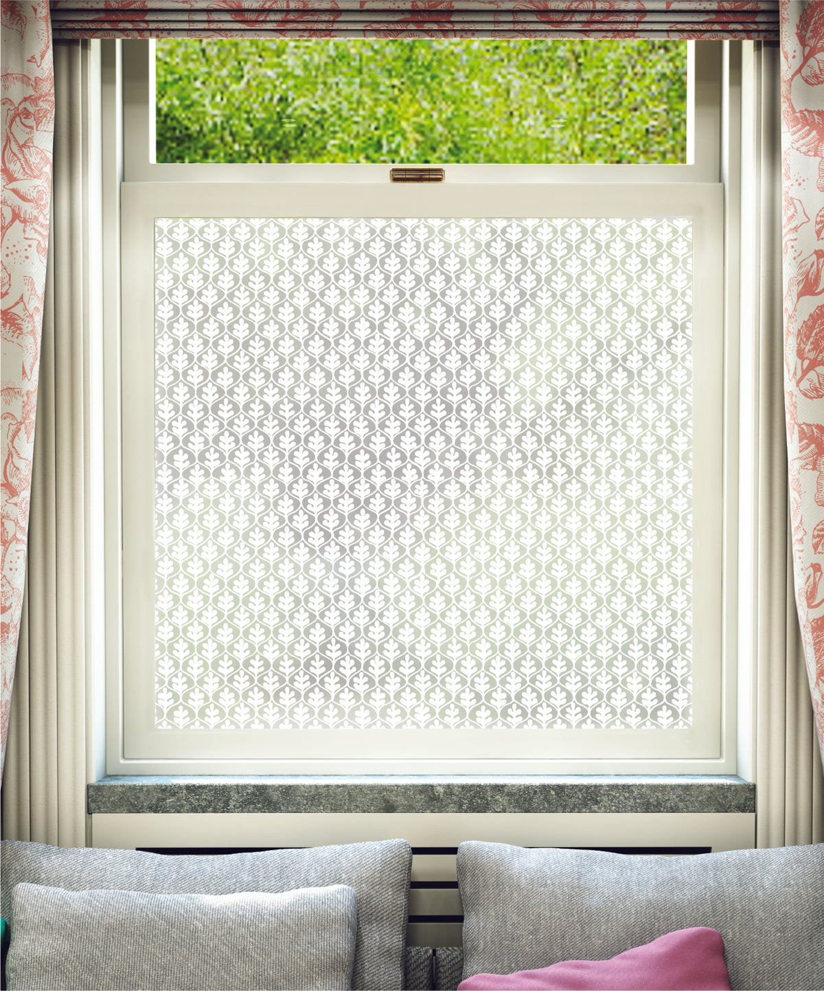 White printed frosted window film with Acorn hand-drawn repeated acorn motif pattern by designer Charlene Mullen.