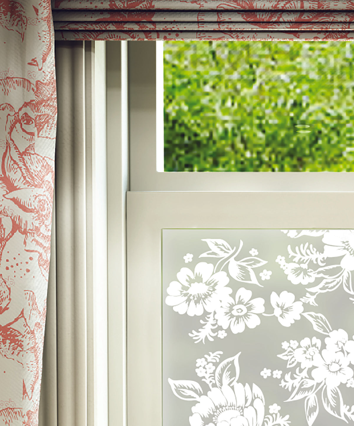 Close-up of Amaranto delicate flower white printed frosted window film pattern.