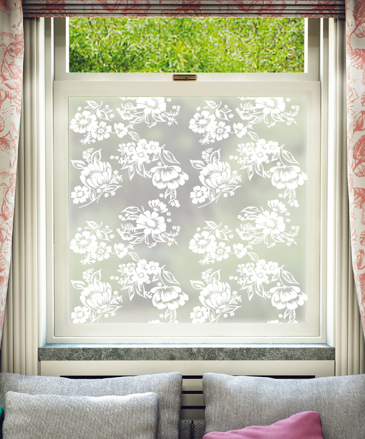 White printed frosted window film with Amaranto delicate flower pattern.