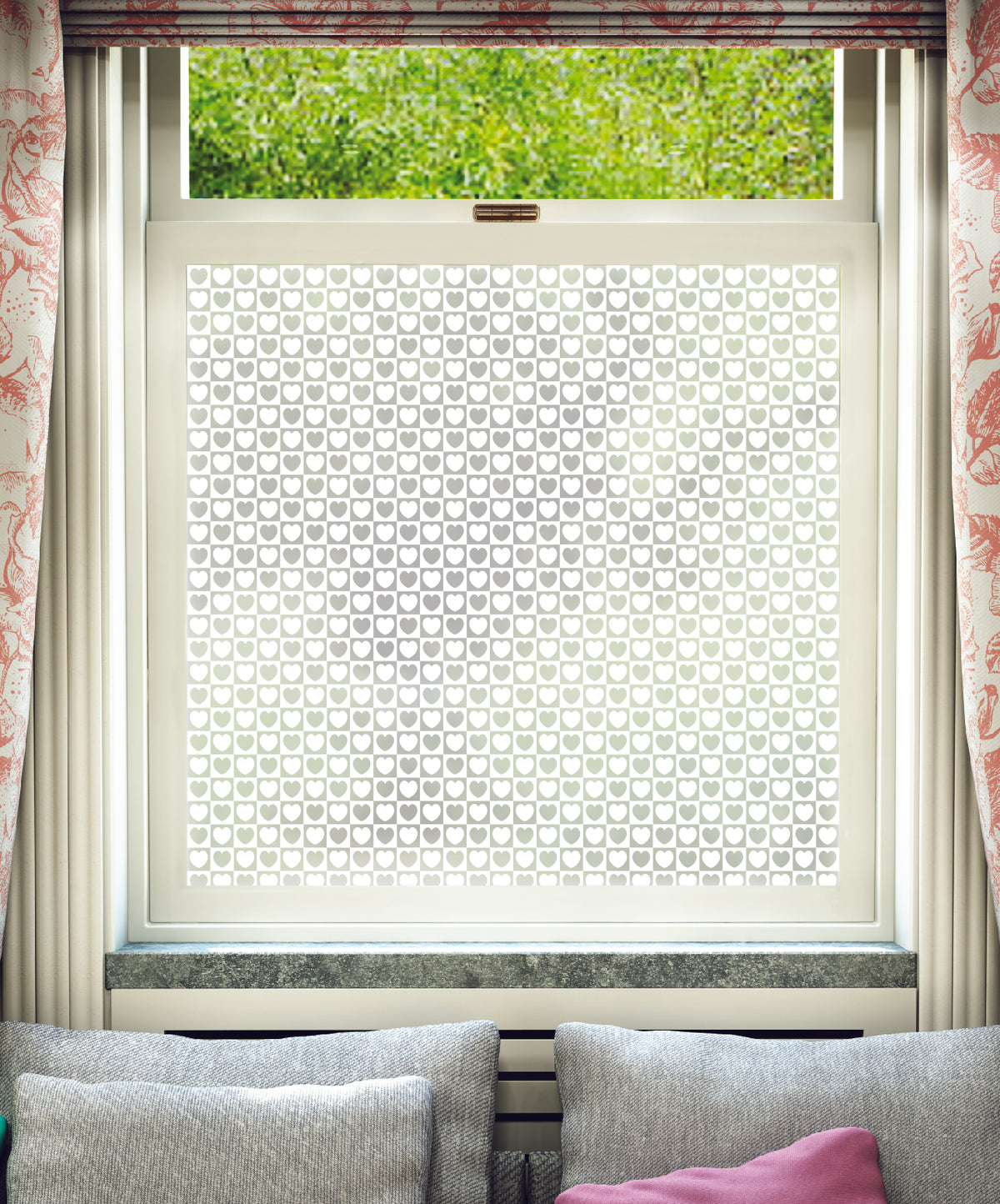White printed frosted window film with Amor repeated heart pattern.