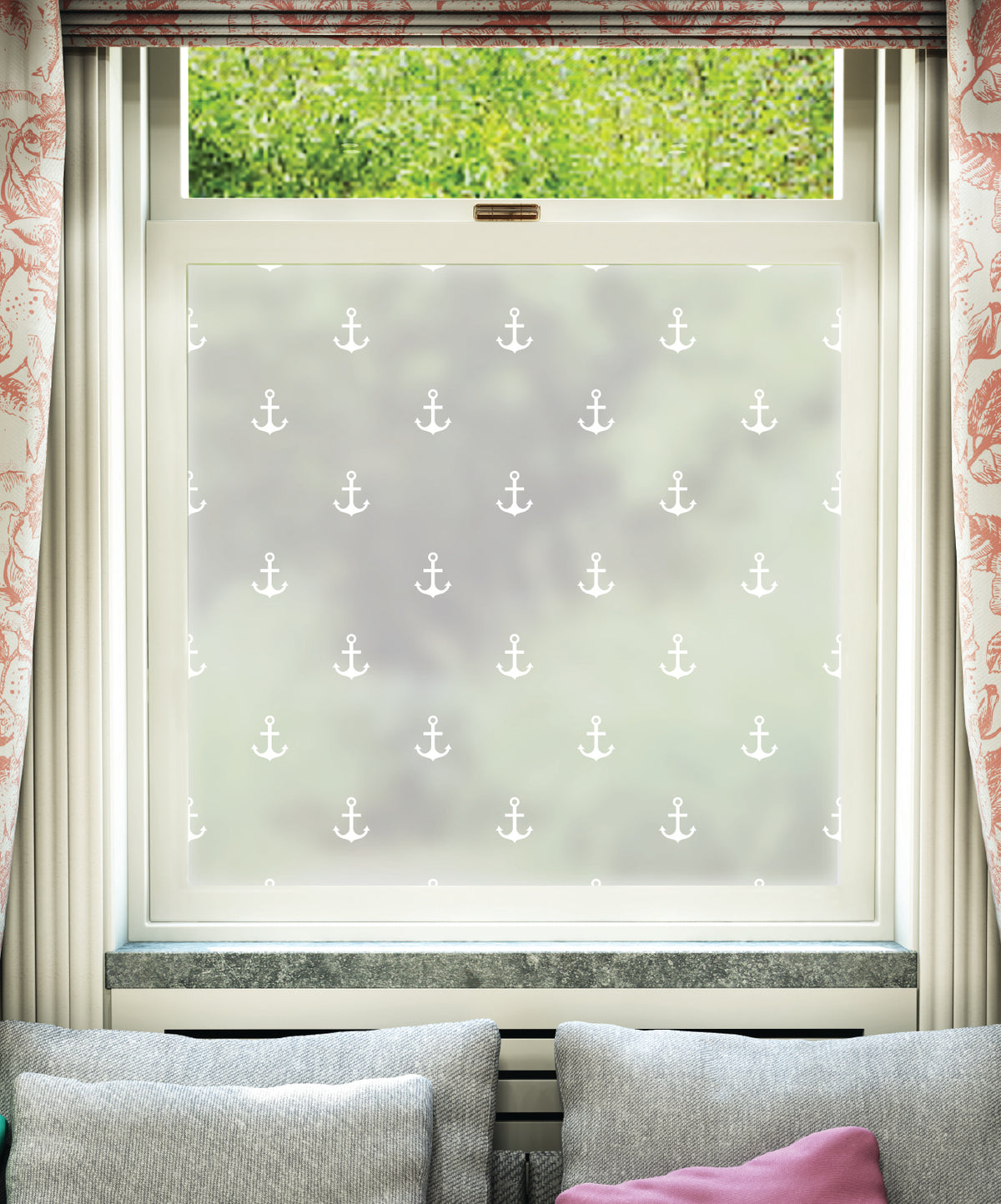 White printed frosted window film with Ancla anchor pattern.