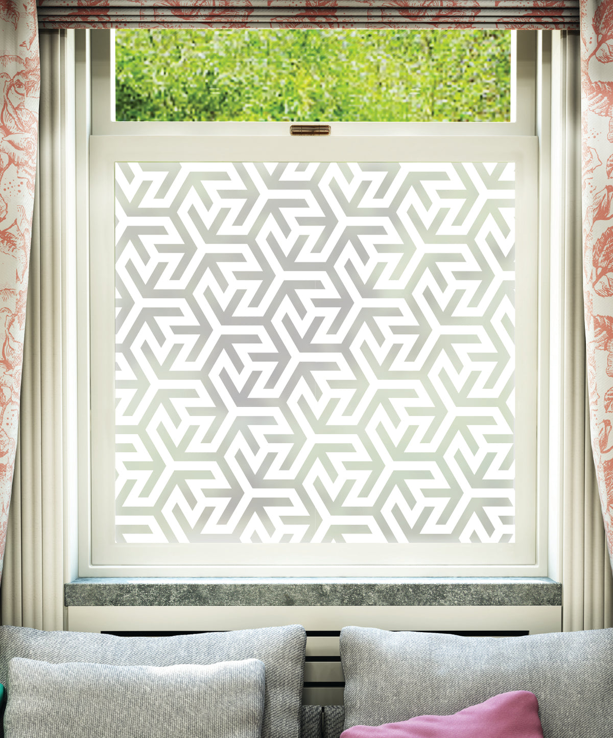 White printed frosted window film with Angulos geometric pattern.