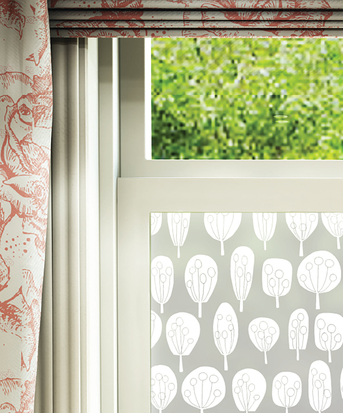 Close-up of Aspen repeated trees frosted window film pattern by JoJo CoCo.