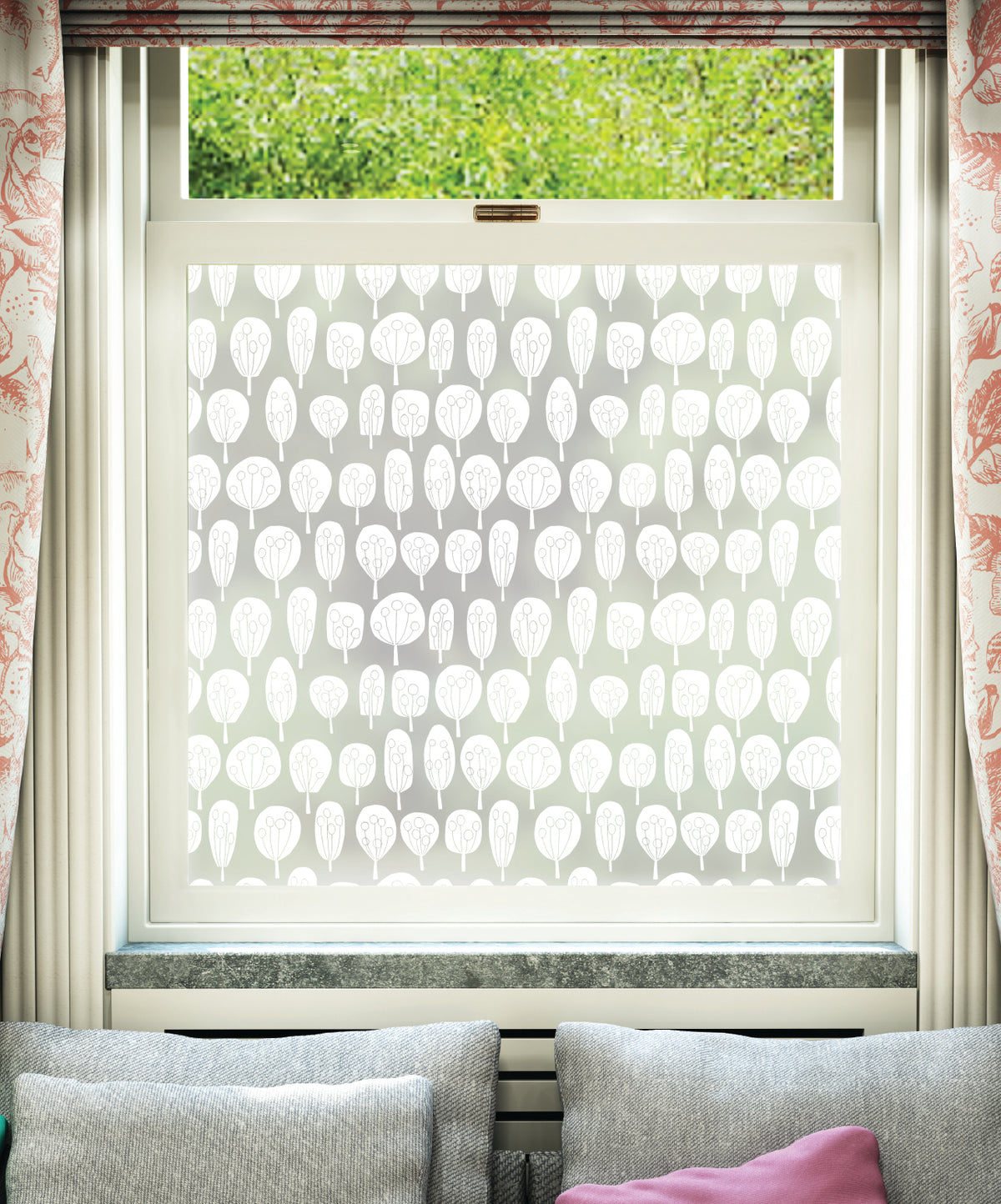 White printed frosted window film with Aspen repeated trees pattern by designer JoJo CoCo.