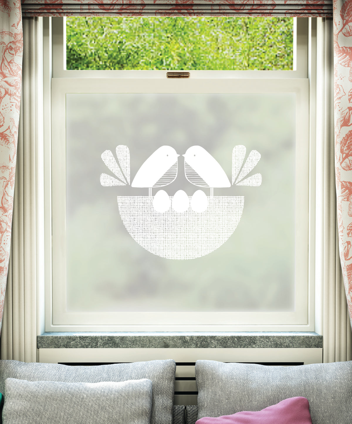 White printed frosted window film with Baby Birds two birds in a nest pattern by designer JoJo CoCo.