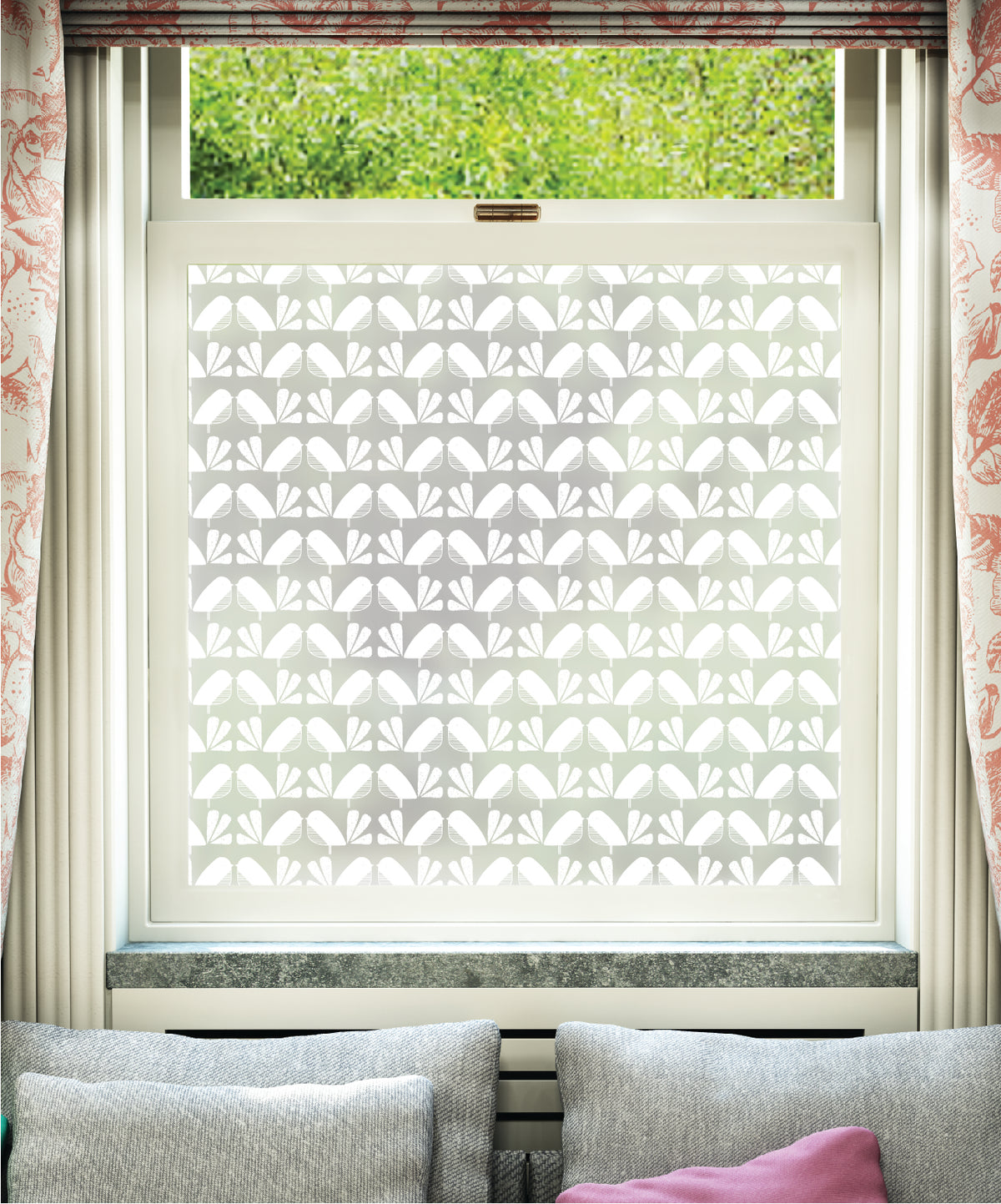 White printed frosted window film with Baby Birds Repeated repeated bird pattern pattern by designer JoJo CoCo.