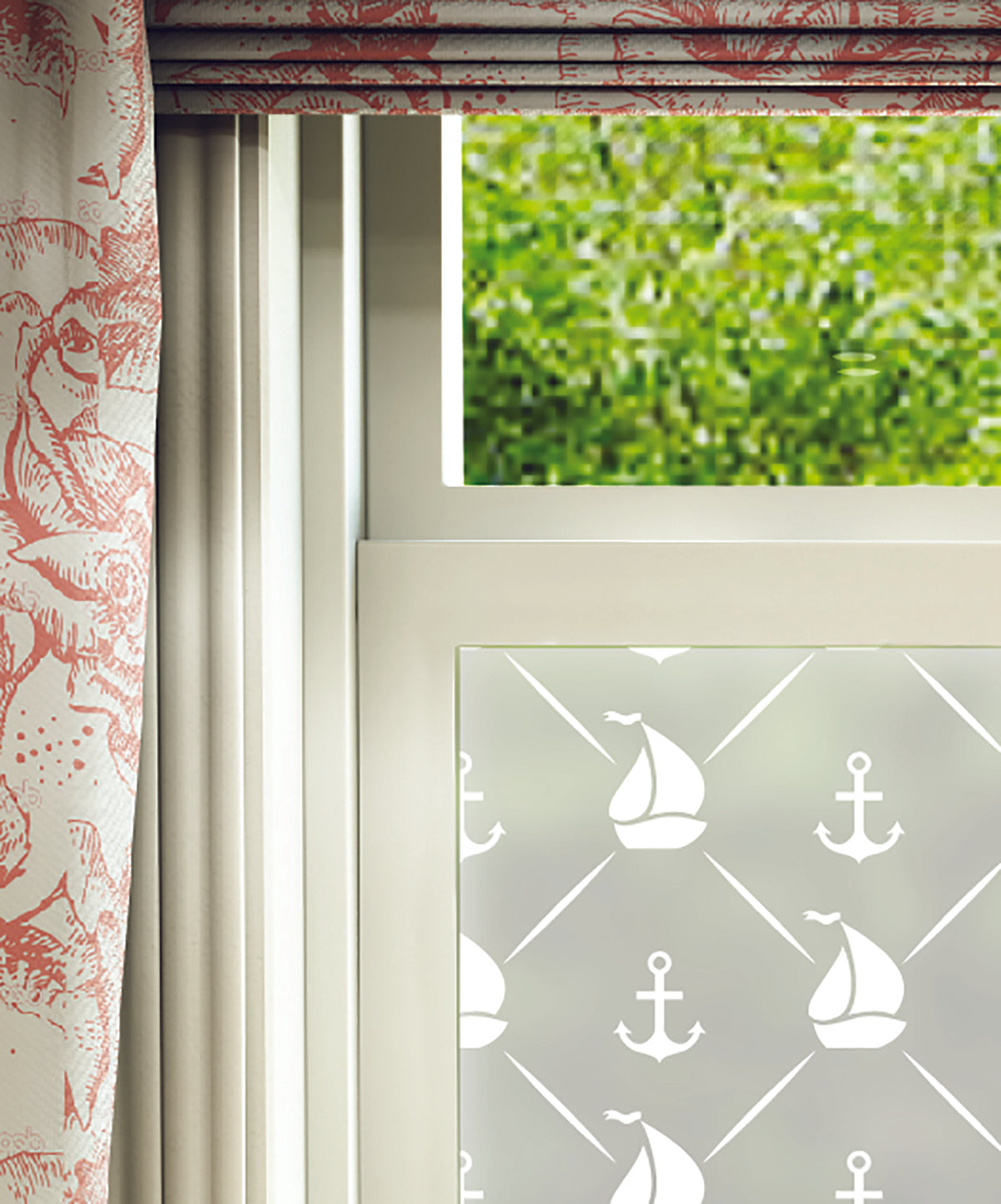 Close-up of Barcos ships and anchors white printed frosted window film pattern.
