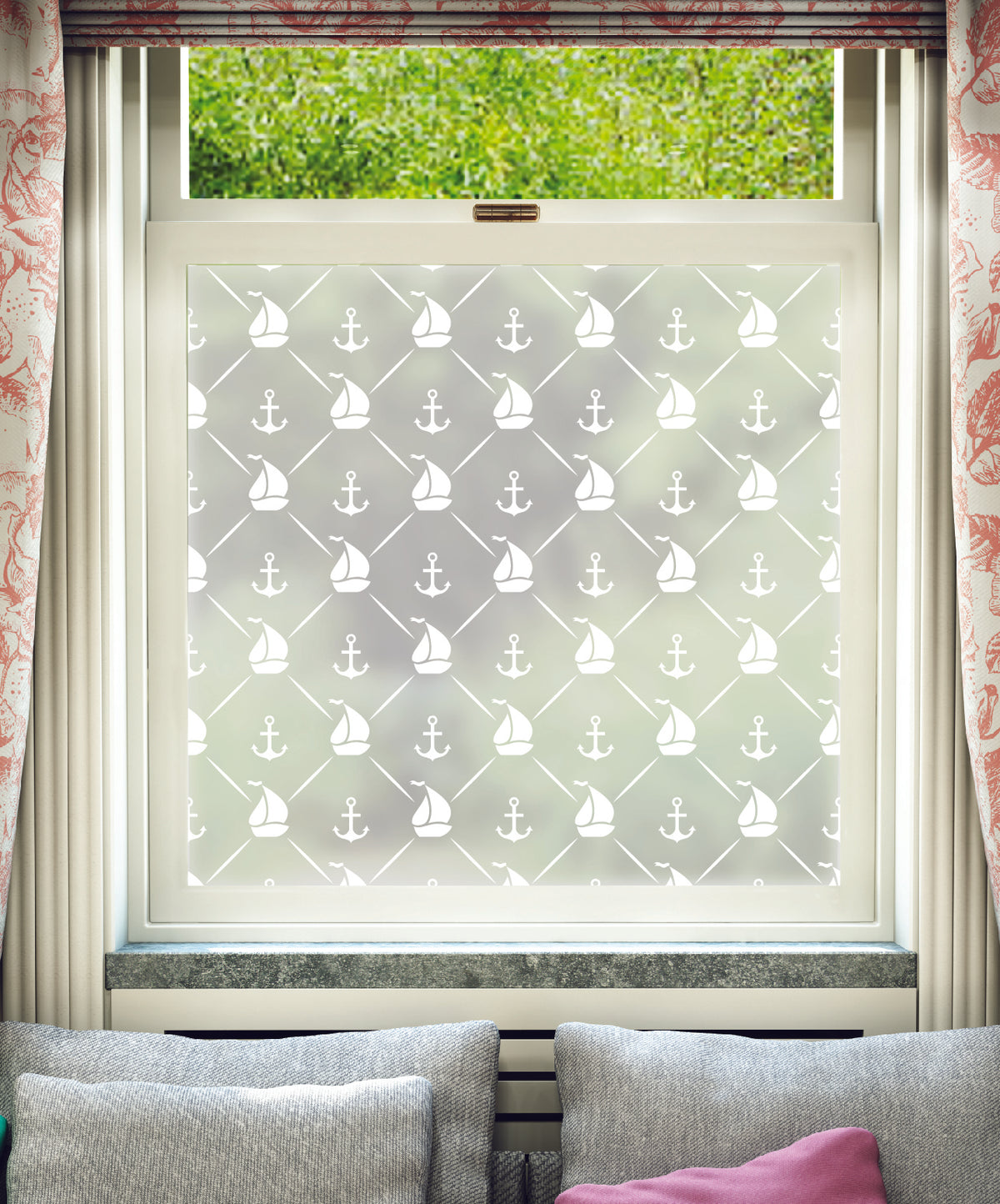 White printed frosted window film with Barcos ships and anchors pattern.