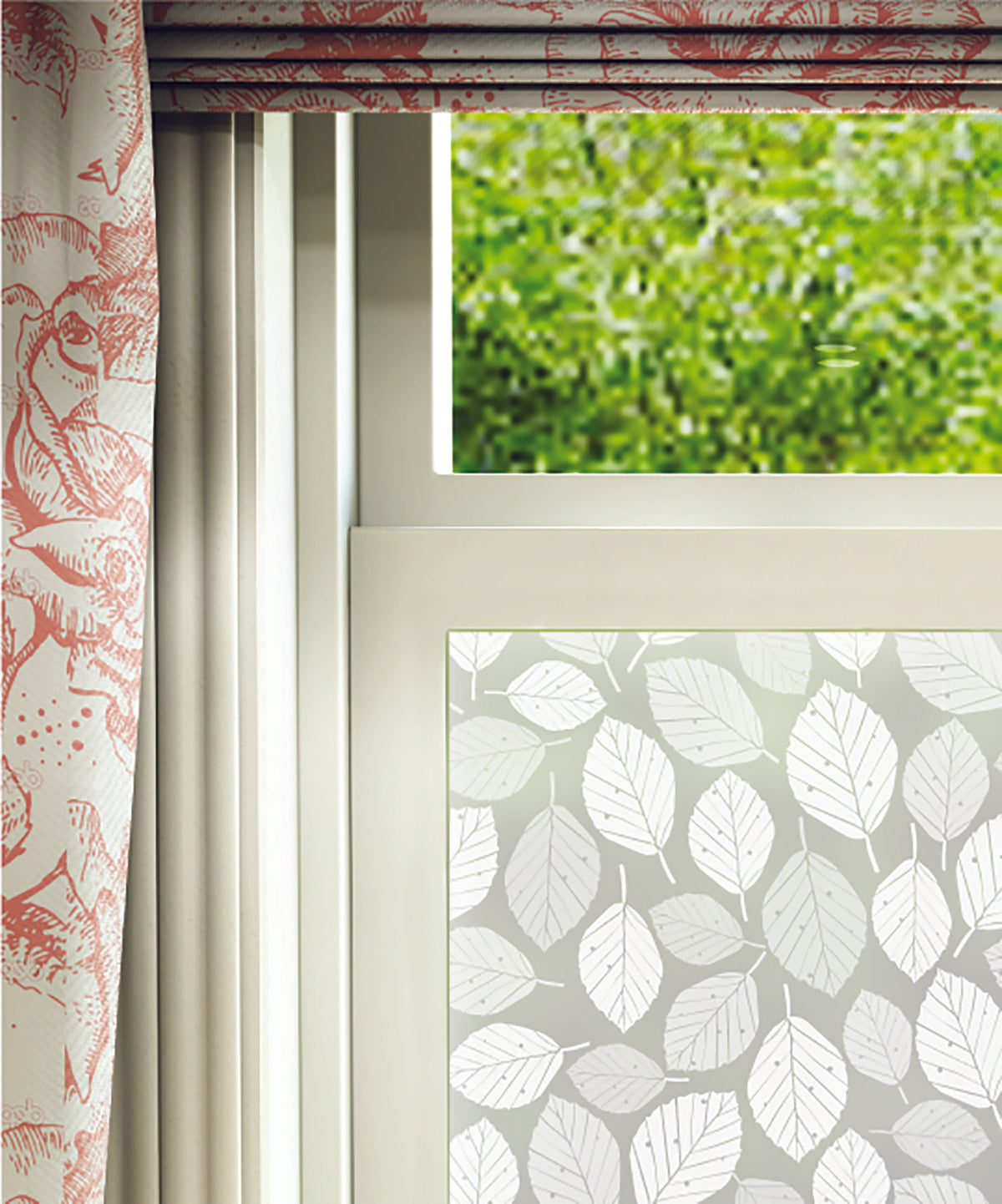 Close-up of Beech Leaves beech leaves frosted window film pattern by designer Hannah Nunn.