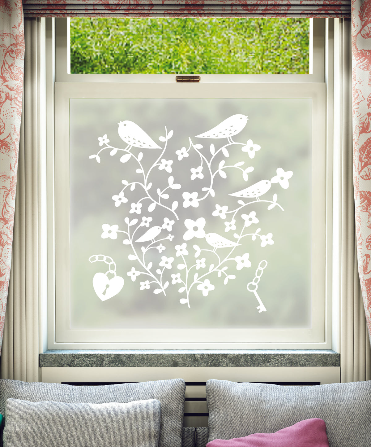 White printed frosted window film with Bird Pattern paper-cut illustration by designer Rob Ryan.