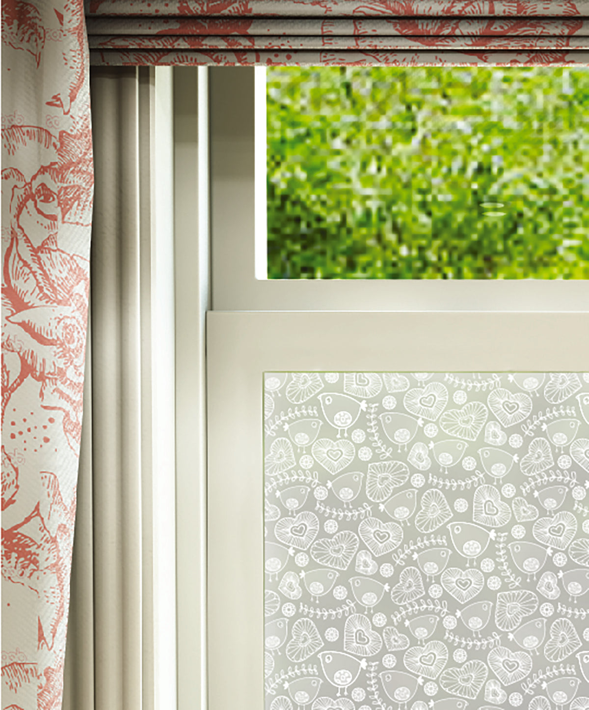 Close-up of Birdie Folk hand-drawn frosted window film pattern by Helen Russell Creations.