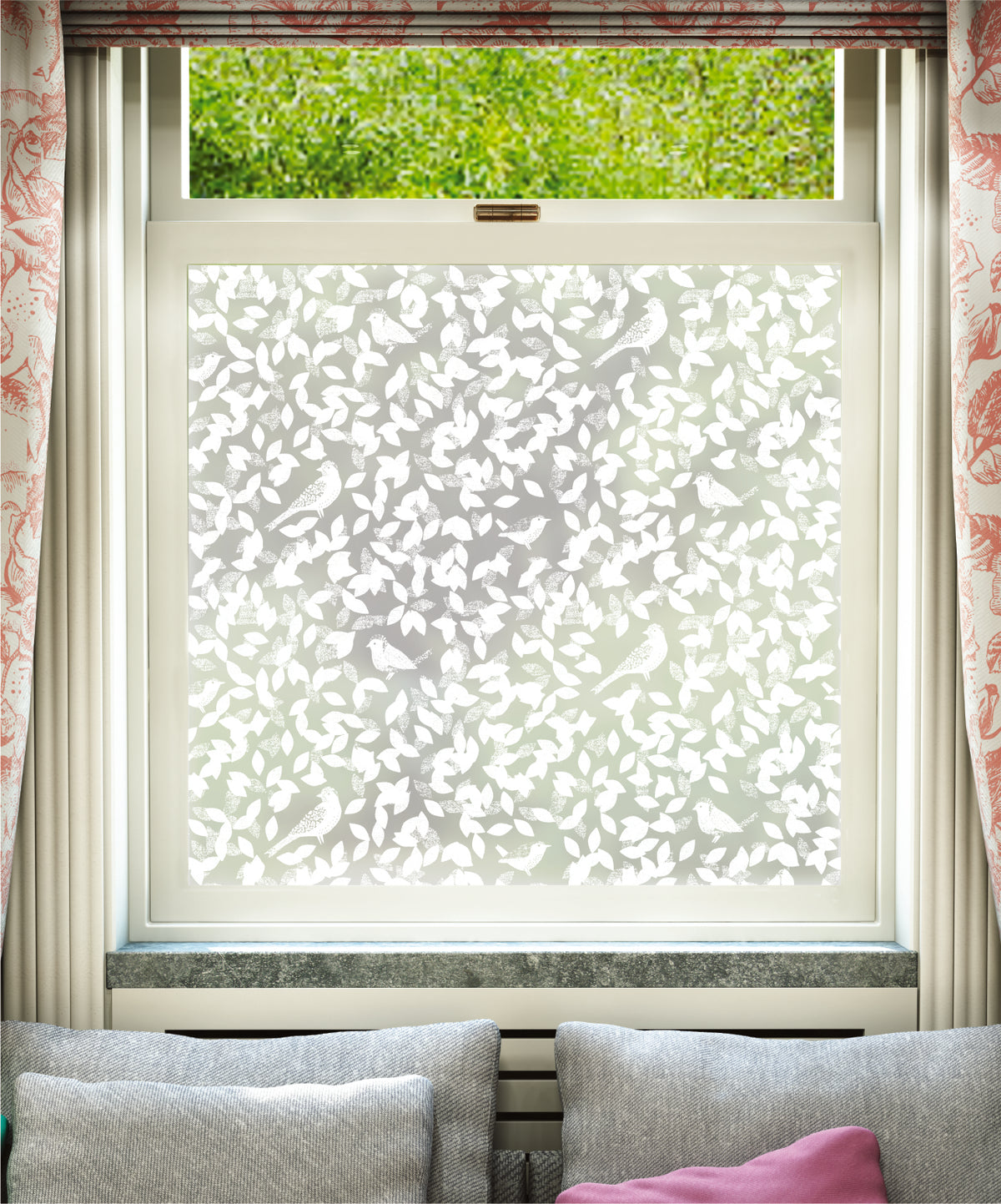 White printed frosted window film with Birdsong repeated birds and leaves pattern by designer JoJo CoCo.