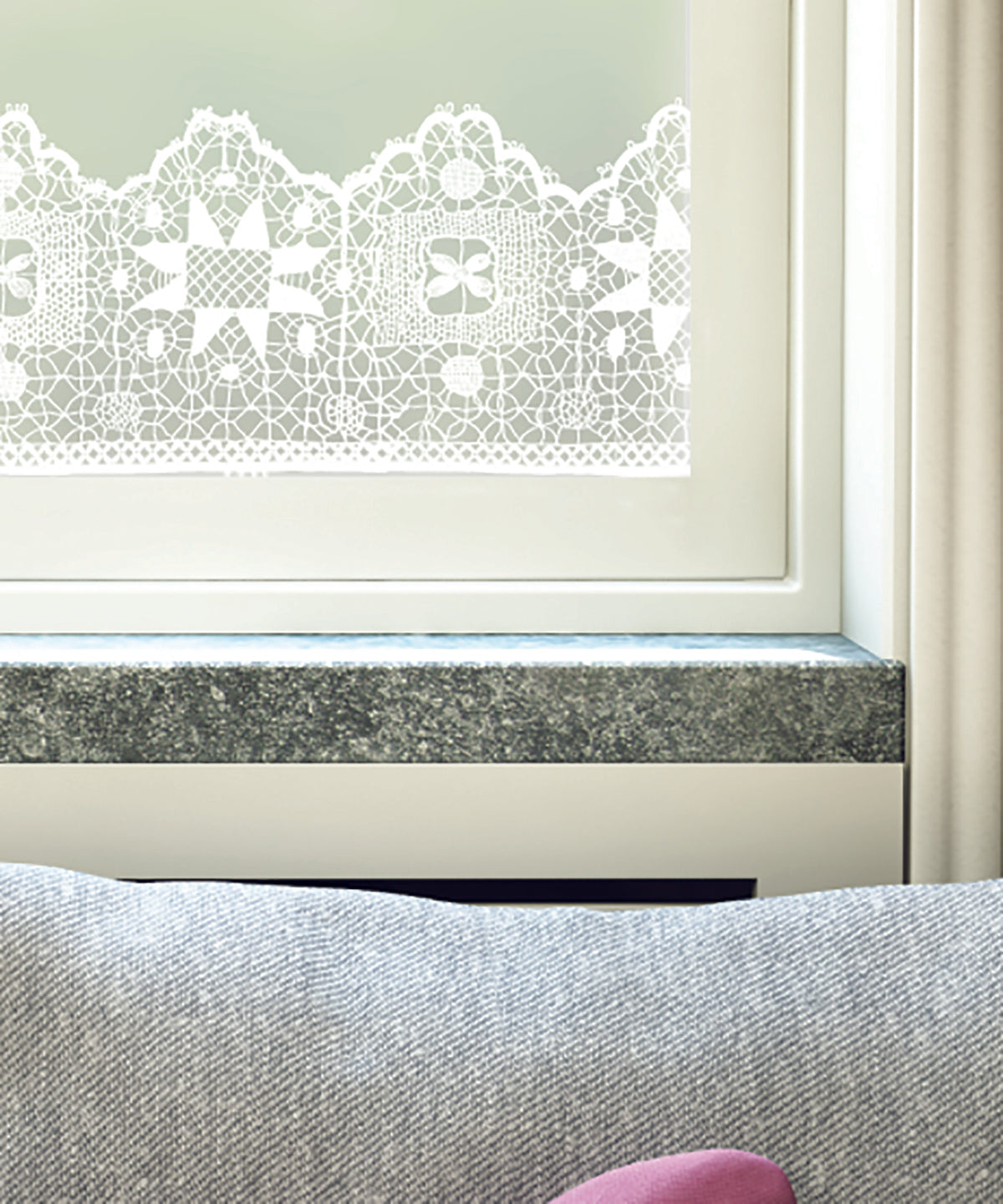 Close-up of Border Lace hand-drawn lace border frosted window film pattern by Charlene Mullen.