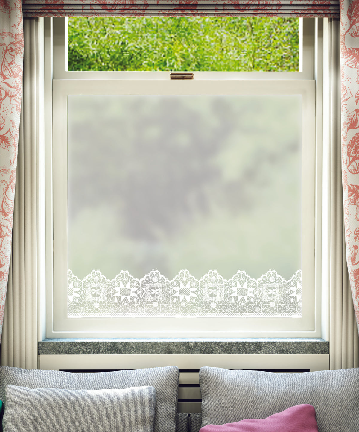 White printed frosted window film with Border Lace hand-drawn lace border pattern by designer Charlene Mullen.