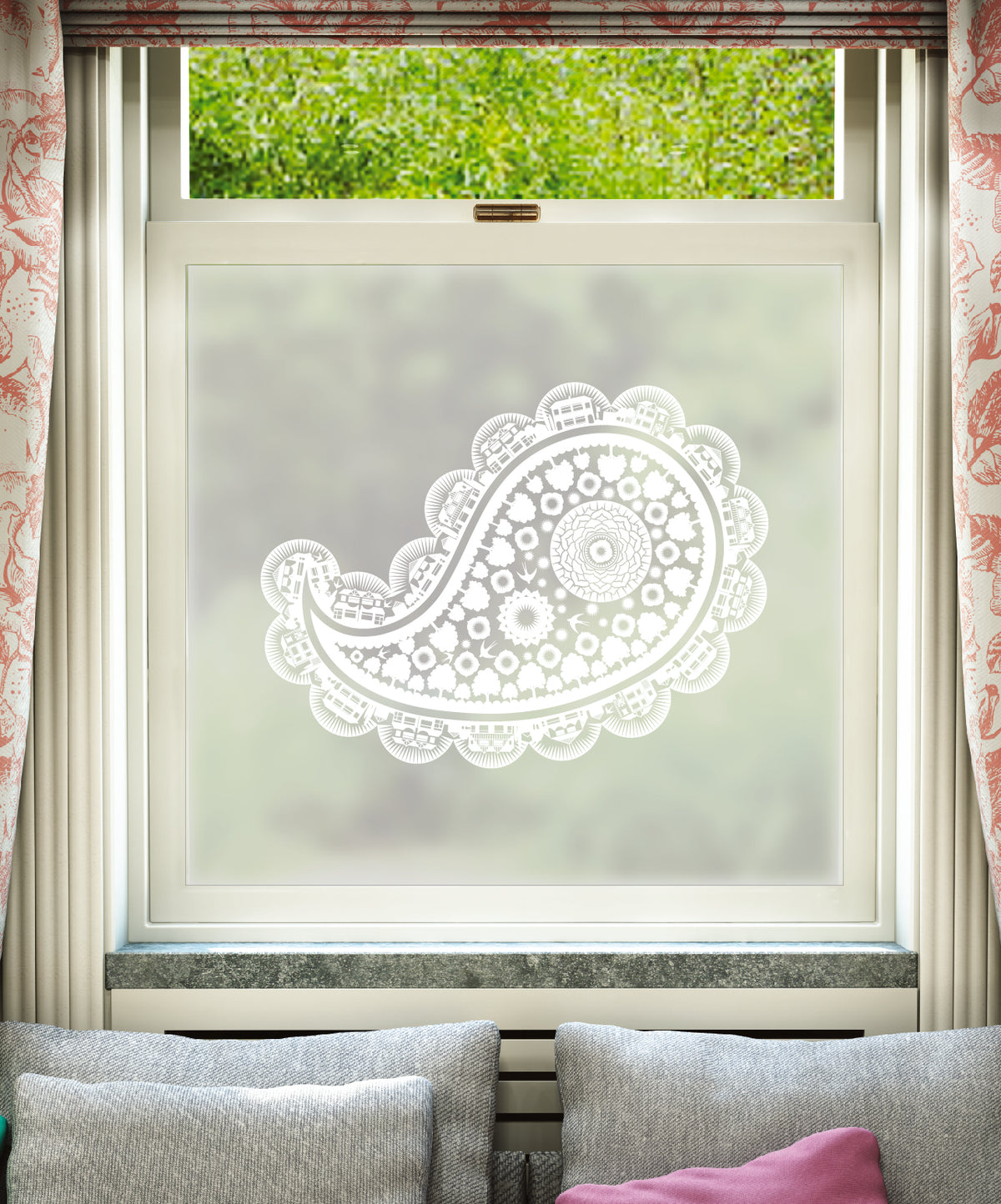 White printed frosted window film with Buddha of Suburbia Indian paisley pattern by designer Mini Moderns.