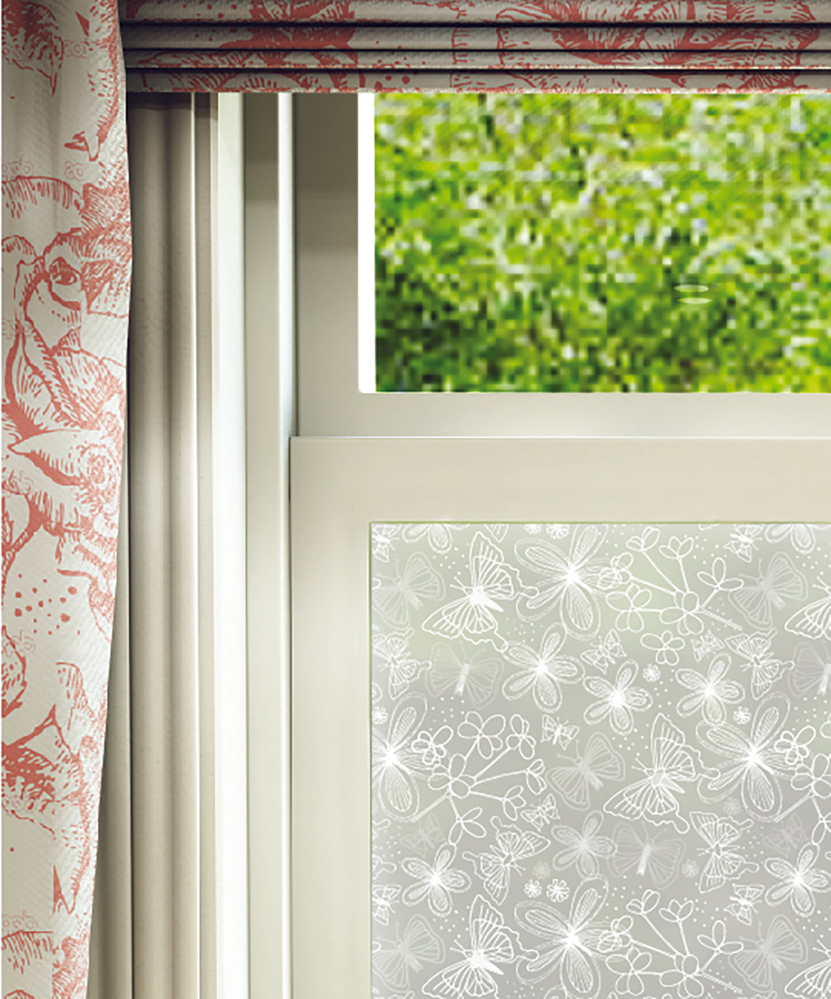Close-up of Butterfly Flurry hand-drawn frosted window film pattern by Helen Russell Creations.