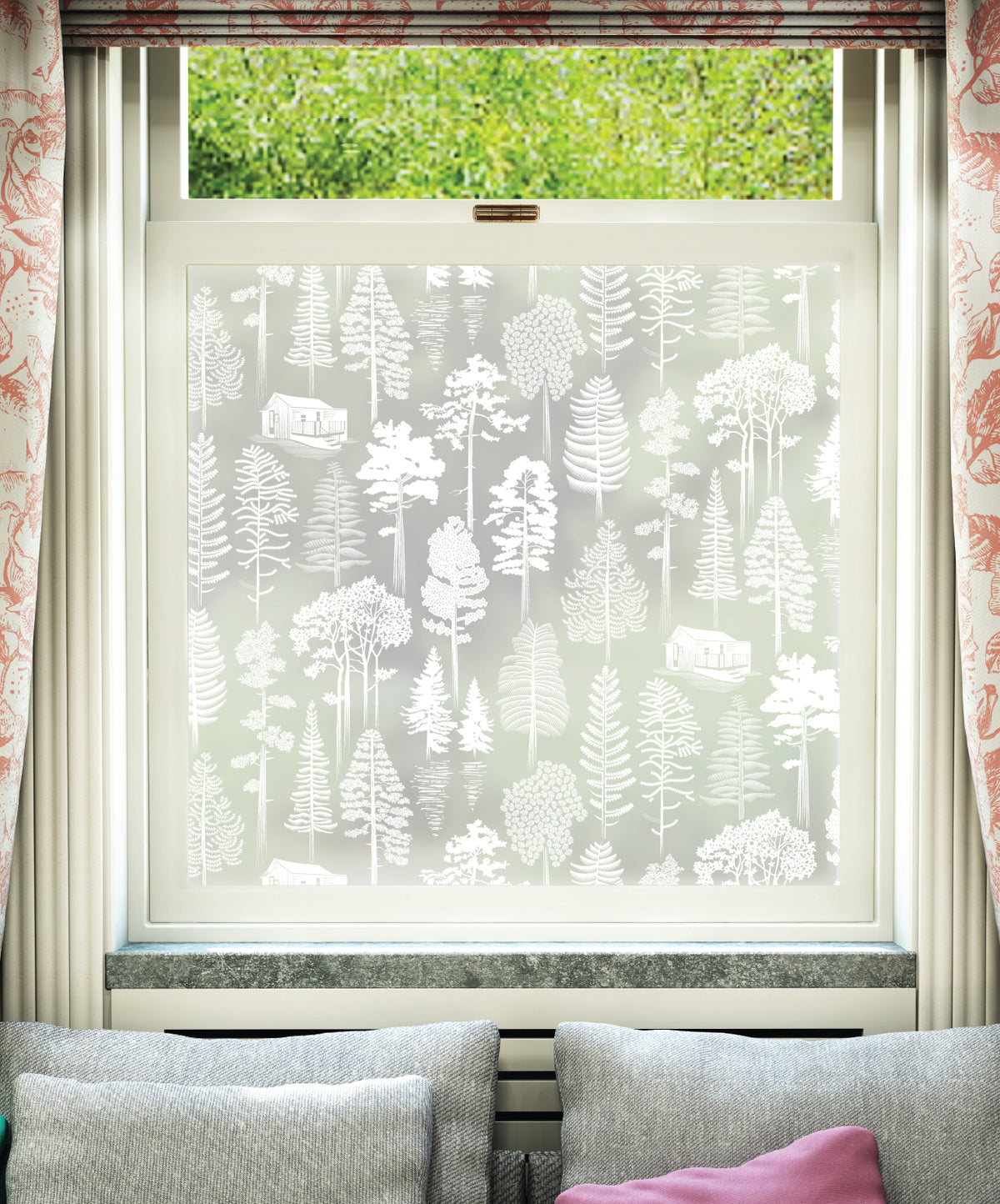White printed frosted window film with Catskills trees pattern by designer Mini Moderns.