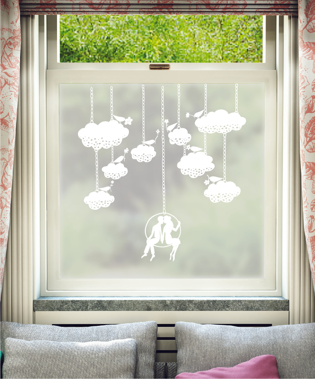 White printed frosted window film with Chain and Clouds paper-cut illustration by designer Rob Ryan.