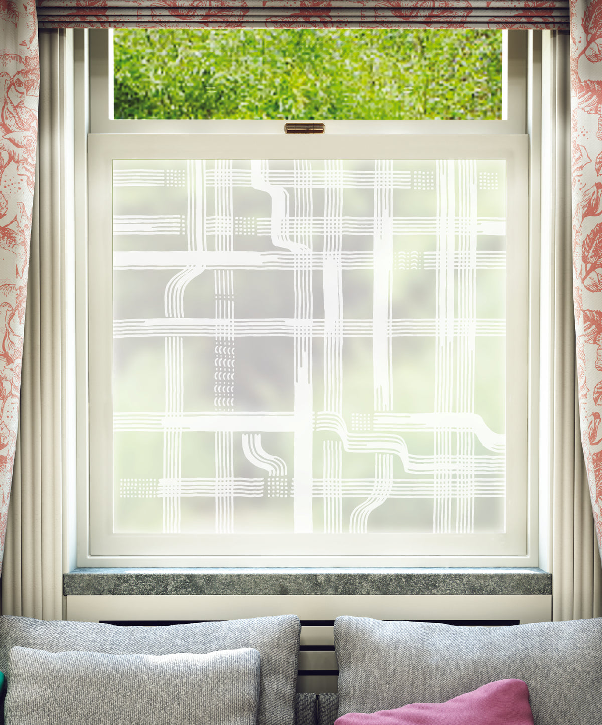 White printed frosted window film with Check geometric abstract pattern by designer Kate Farley.
