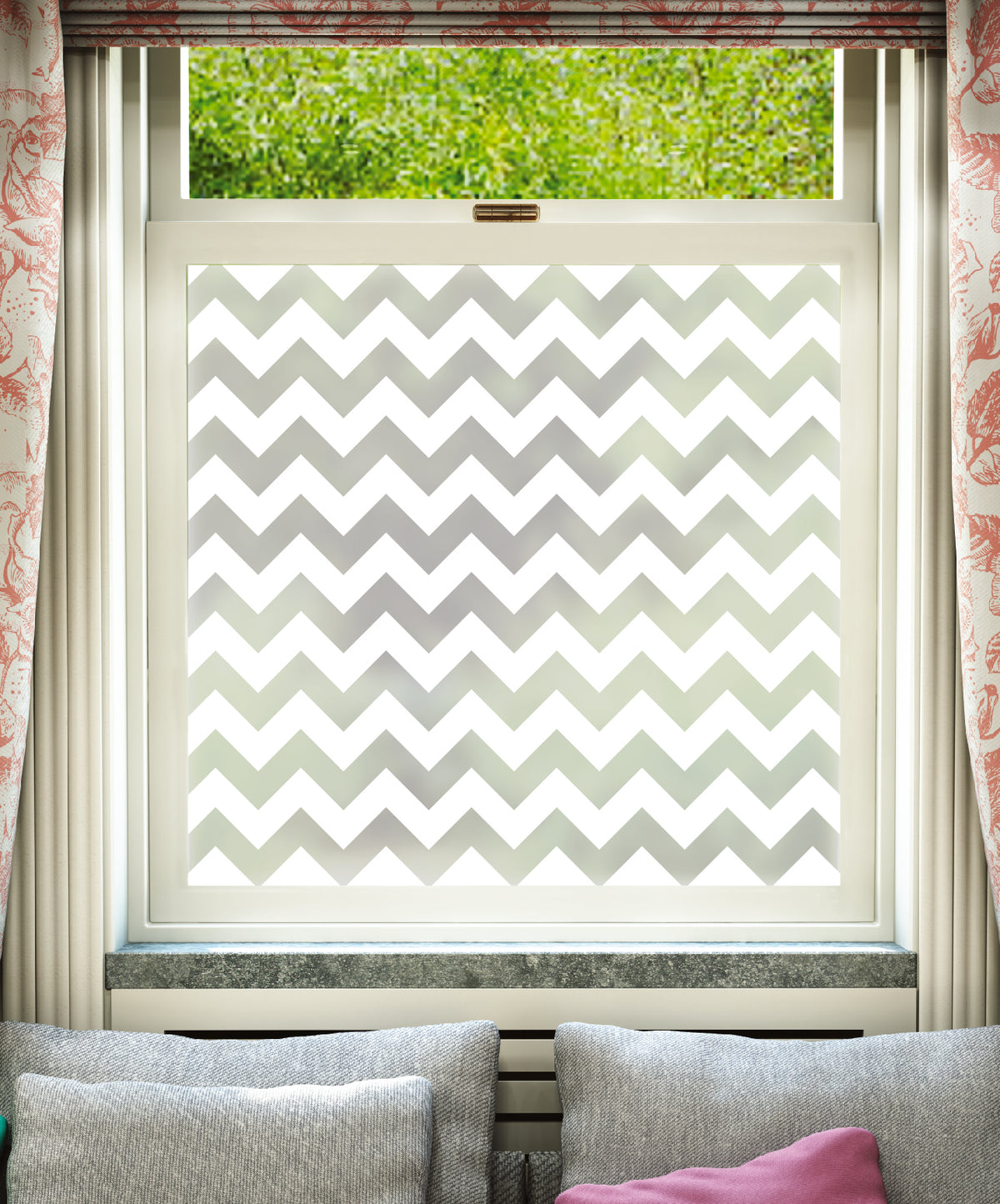 White printed frosted window film with Chevron chevron pattern.
