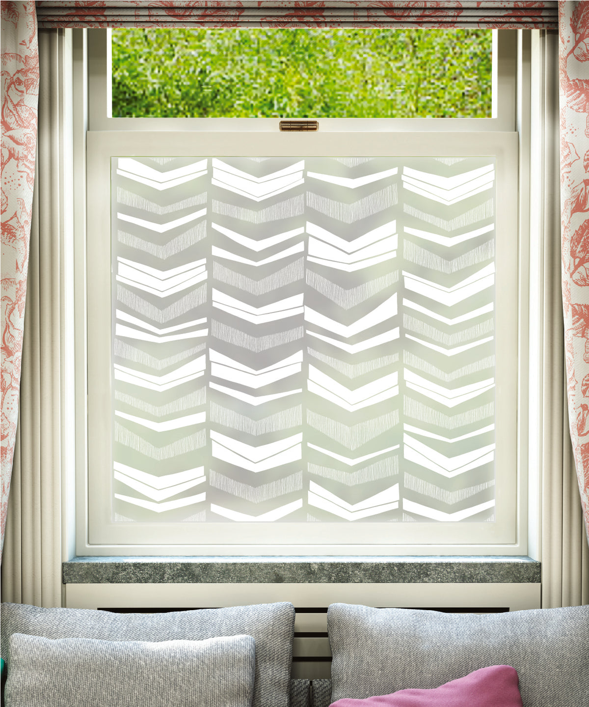White printed frosted window film with Chevrons pattern by designer MissPrint.