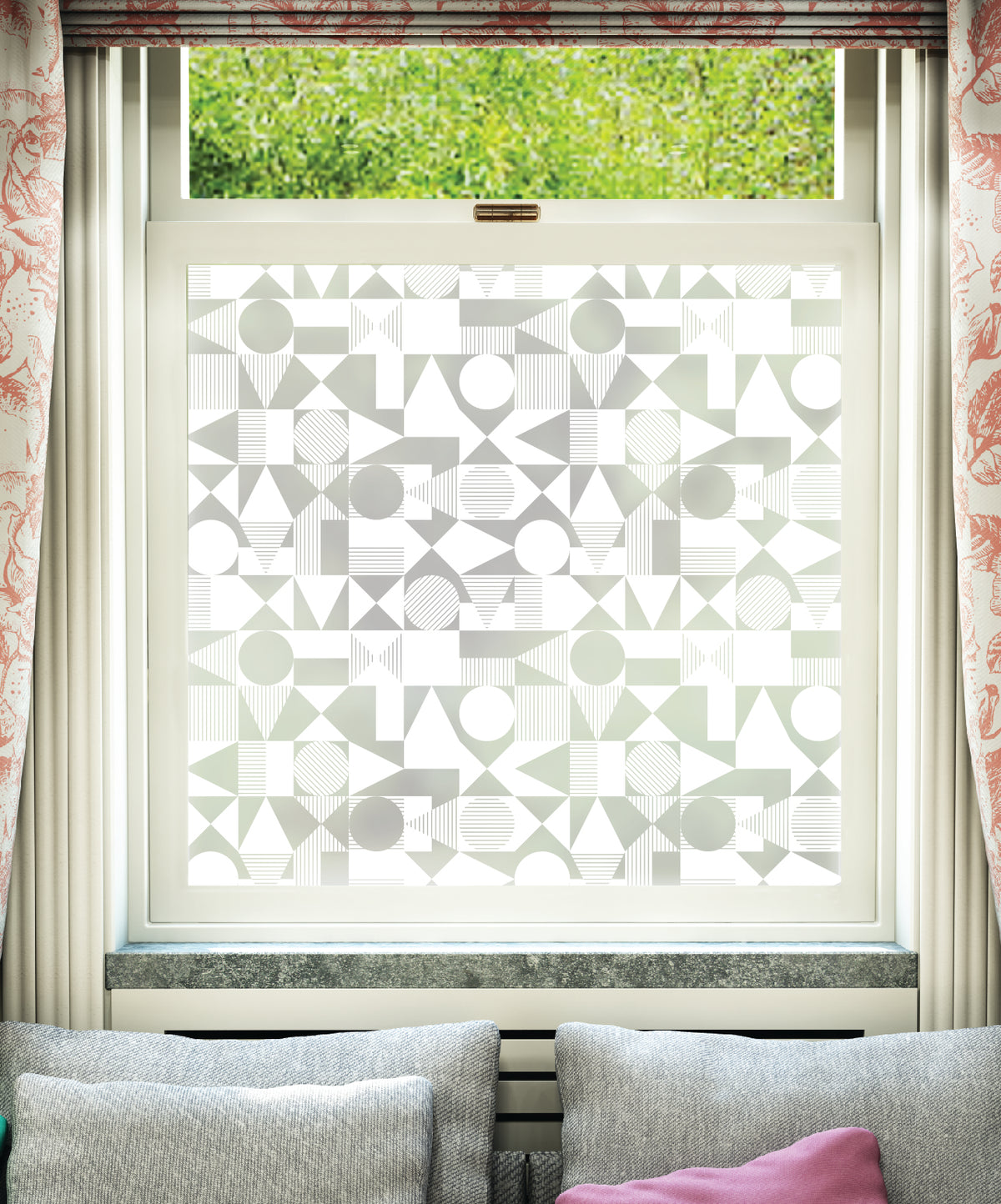 White printed frosted window film with Circulate geometric abstract pattern by designer Kate Farley.