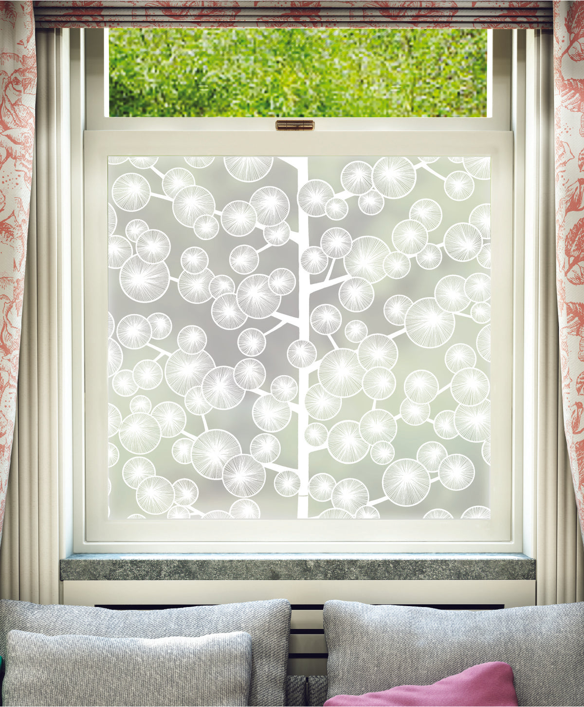 White printed frosted window film with Cotton Tree pattern by designer MissPrint.
