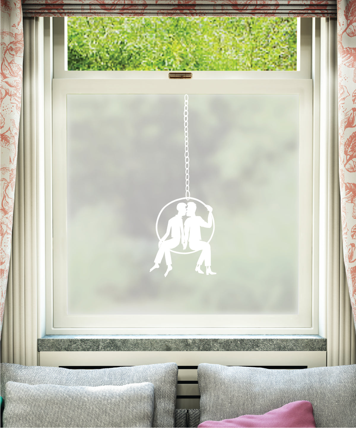 White printed frosted window film with Couple in a Hoop paper-cut illustration by designer Rob Ryan.
