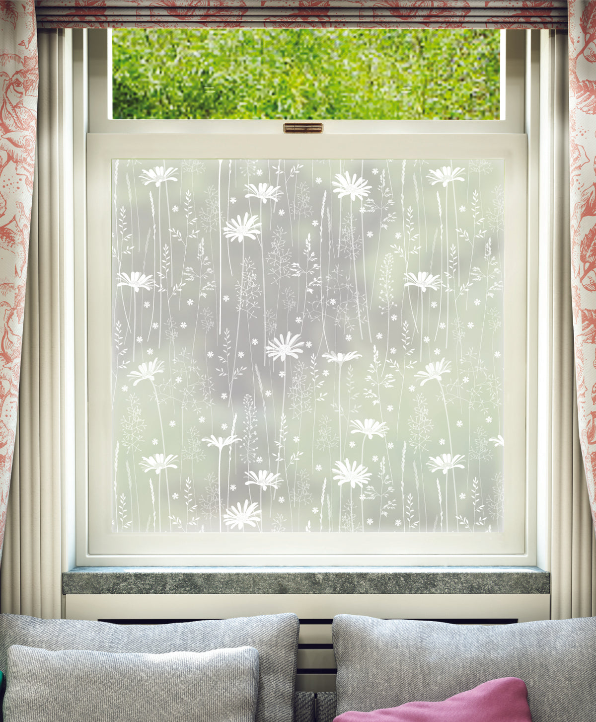 White printed frosted window film with Daisy Meadow daisies pattern by designer Hannah Nunn.