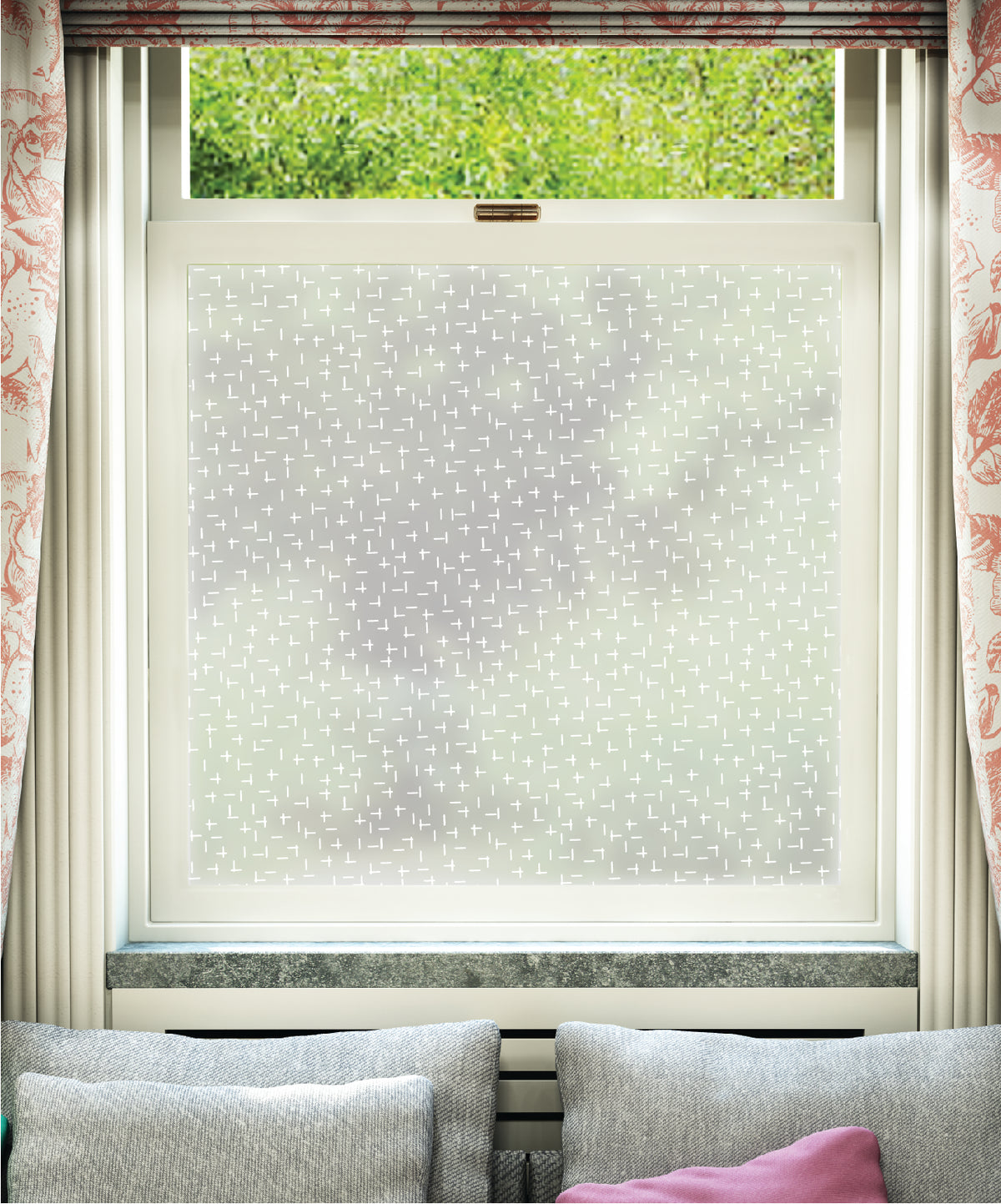White printed frosted window film with Dash It repeated dashes pattern by designer JoJo CoCo.