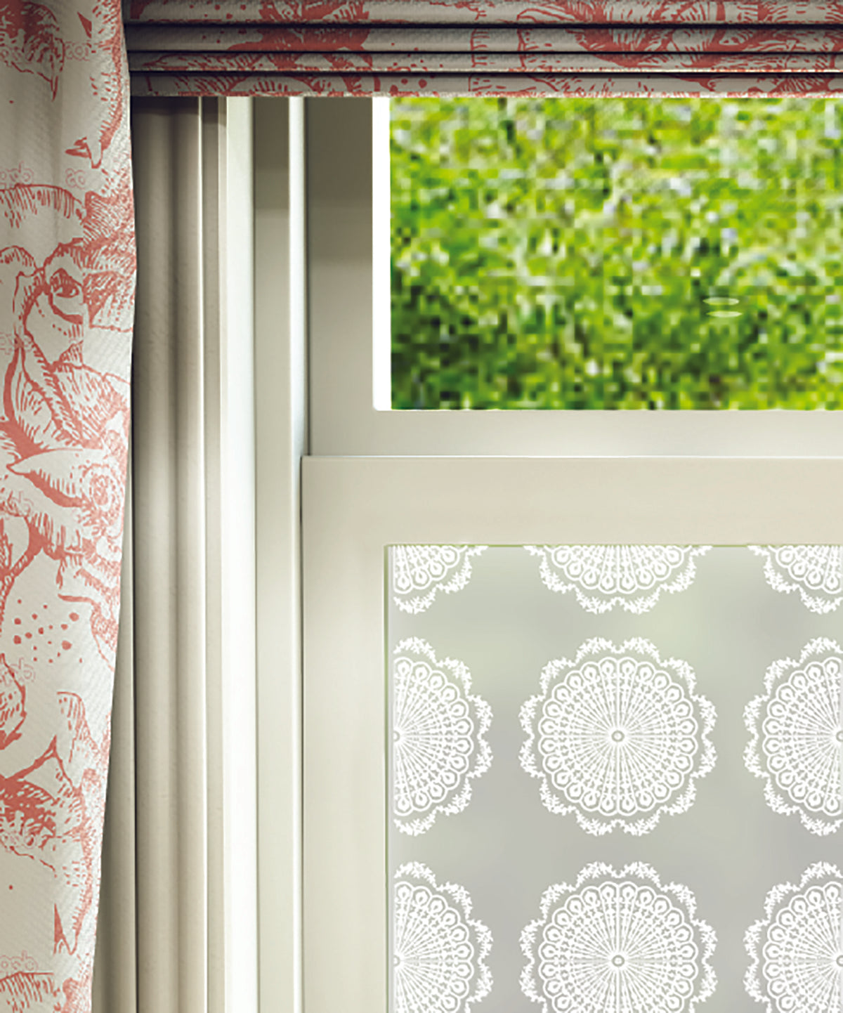 Close-up of Dechado lace white printed frosted window film pattern.