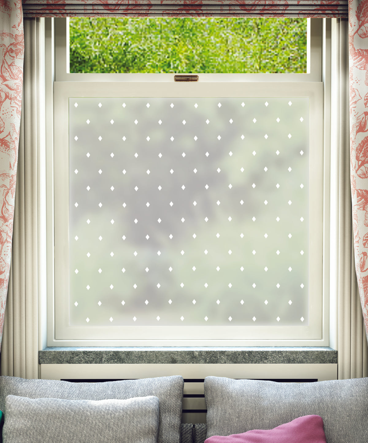 White printed frosted window film with Diamant diamond pattern.