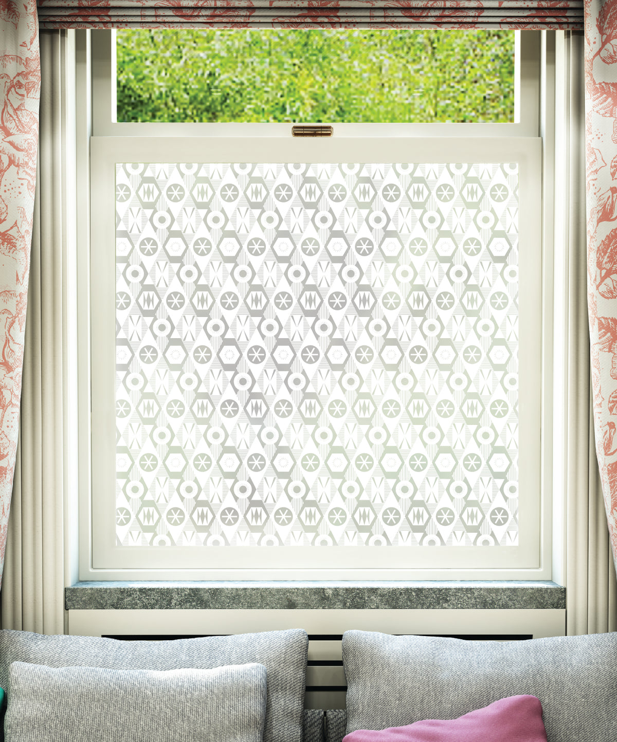 White printed frosted window film with Diamonds geometric abstract pattern by designer Kate Farley.