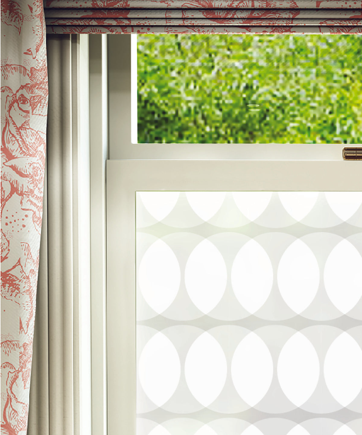 Close-up of Double Ellipse geometric abstract frosted window film pattern by designer Lindsey Lang.