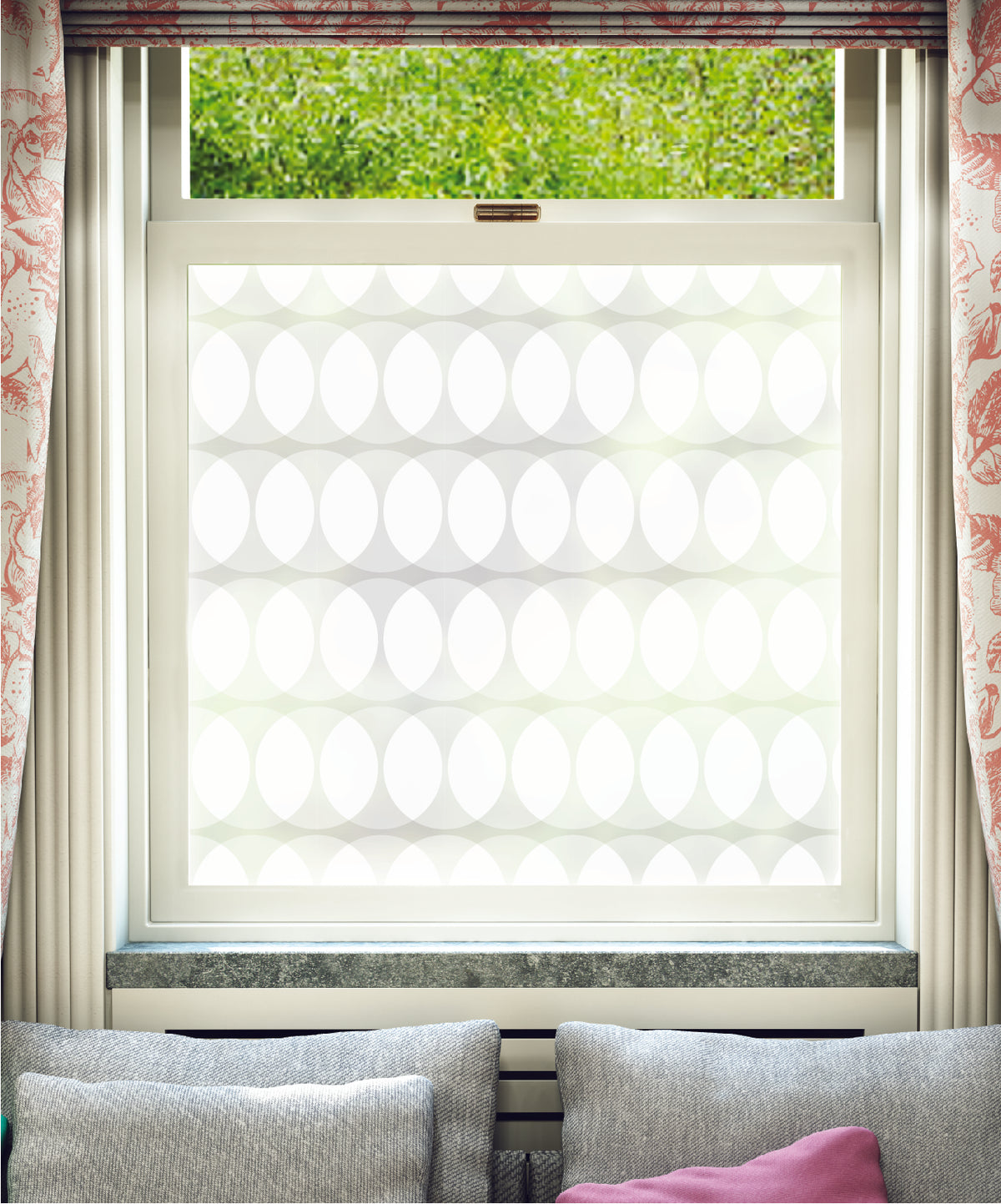 White printed frosted window film with Double Ellipse geometric abstract pattern by designer Lindsey Lang.