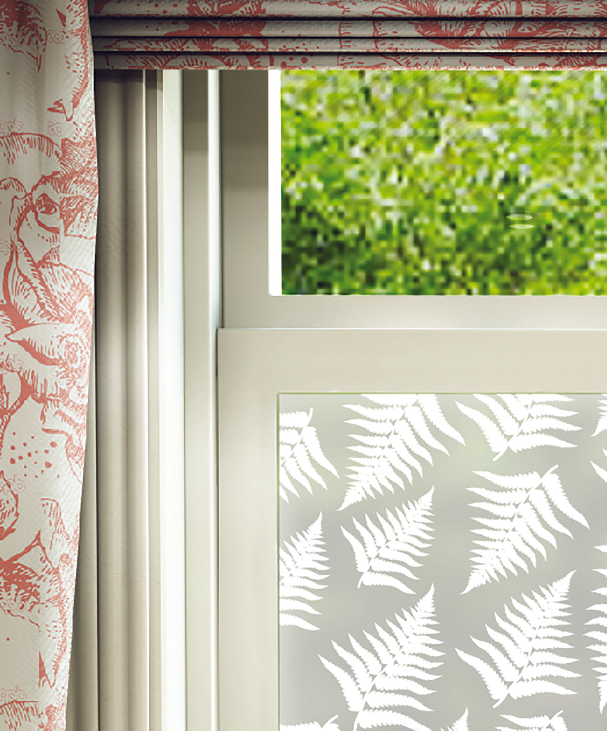 Close-up of Farne fern leaf white printed frosted window film pattern.