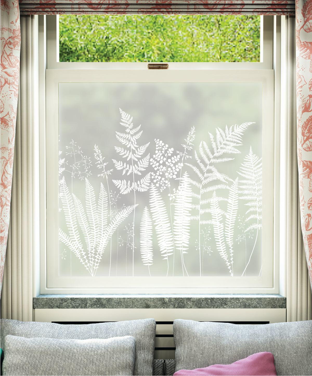 White printed frosted window film with Fern fern leaves pattern by designer Hannah Nunn.