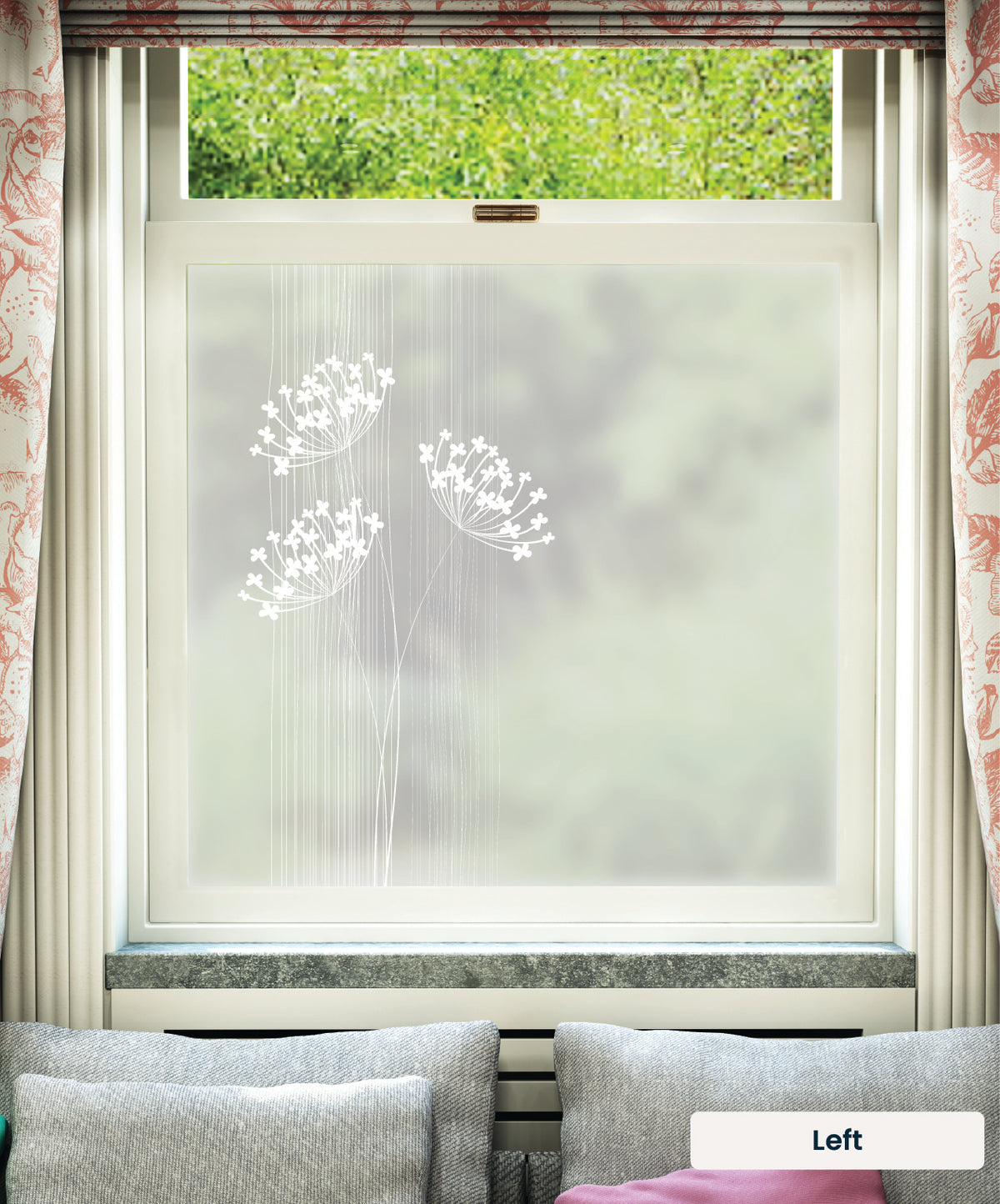 White printed frosted window film with Fiori flower pattern on the left.