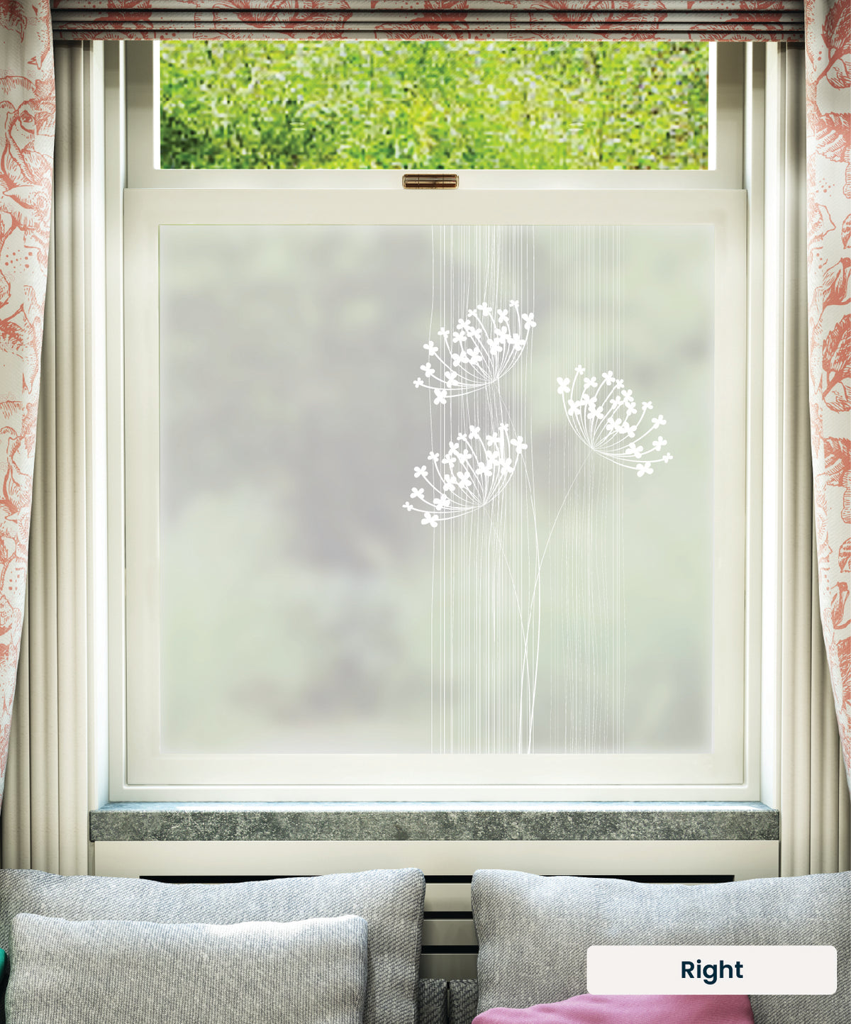White printed frosted window film with Fiori flower pattern on the right.