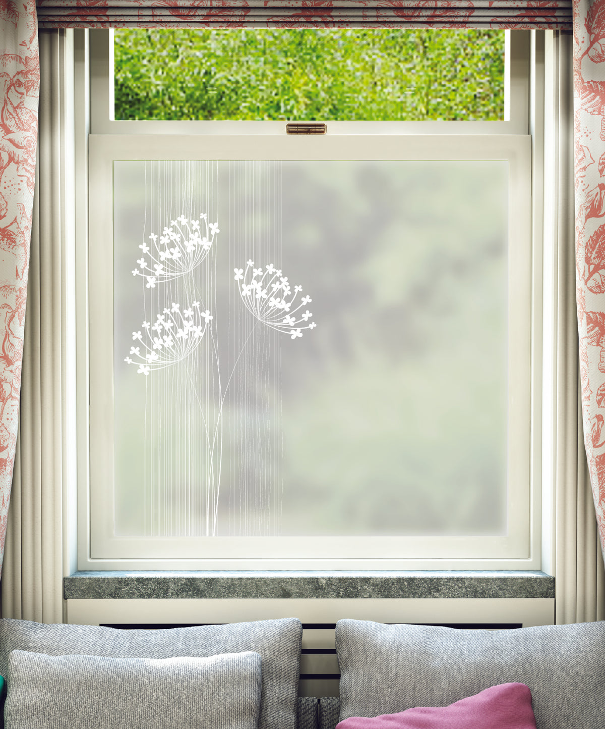White printed frosted window film with Fiori flower pattern.