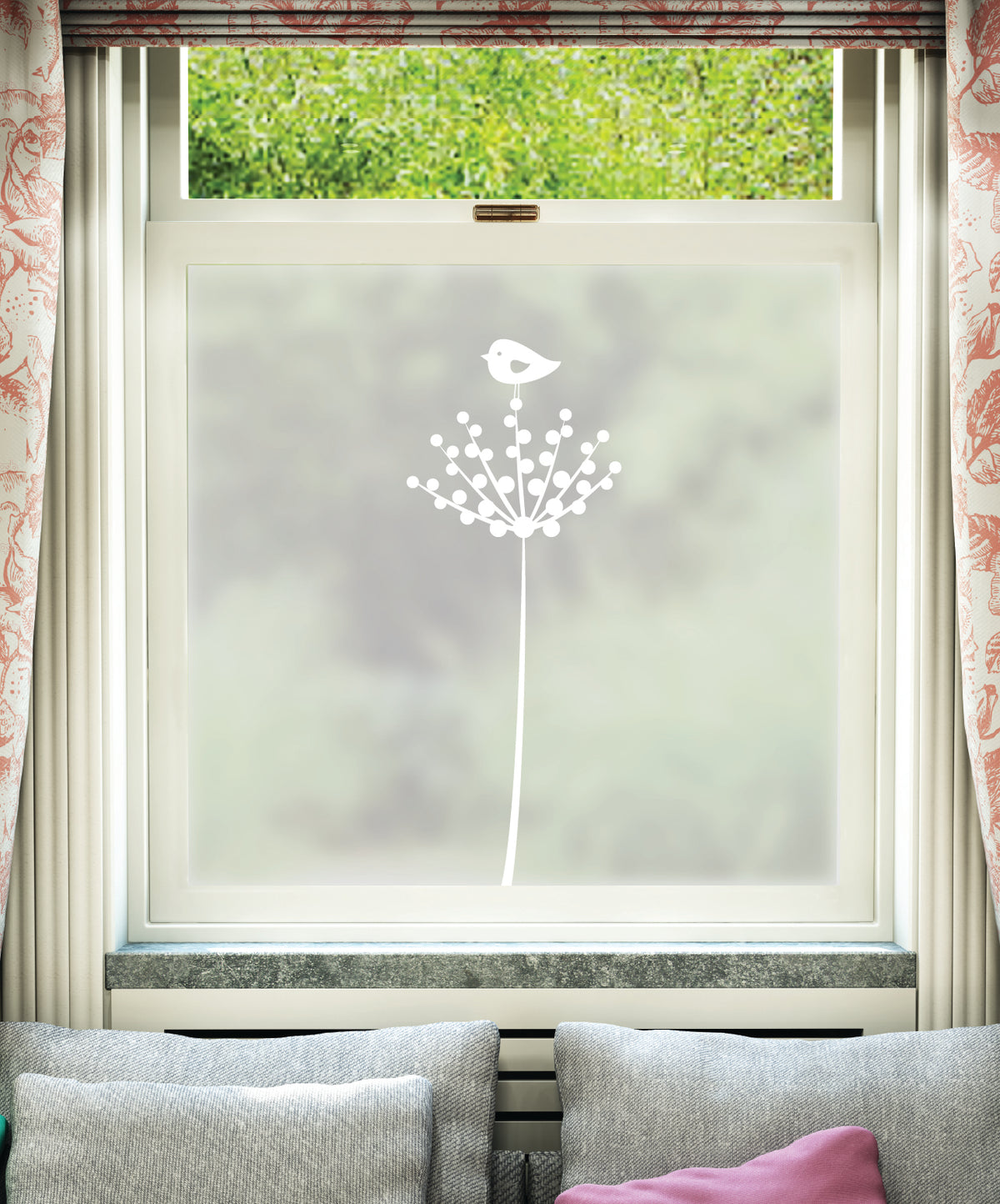 Floral inspired white printed window film pattern. Printed onto Frostbrite frosted window film for an opaque appearance. 