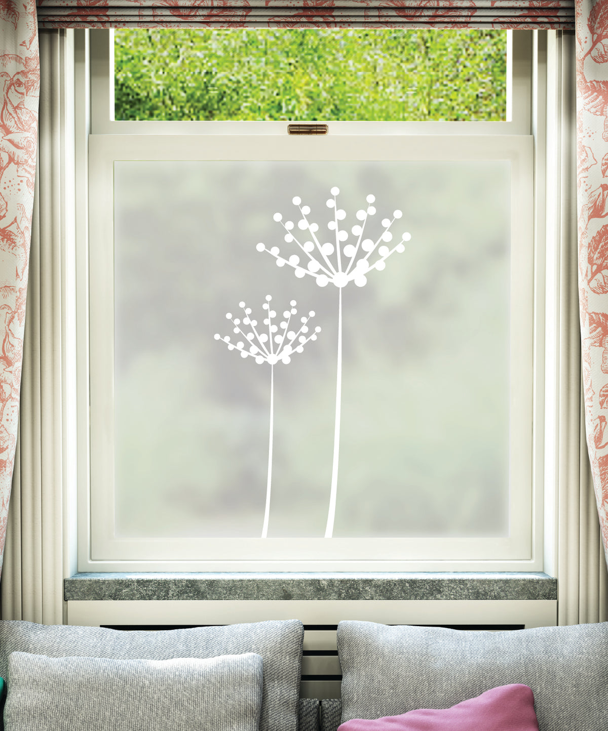 White printed frosted window film with Fioritura floral pattern.